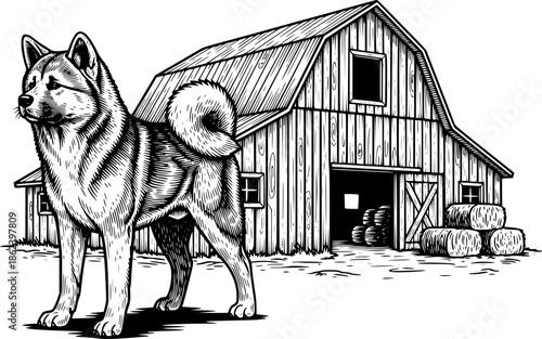 Rustic Charm: An Akita Dog by a Barn, Vintage Etching Style Illu
