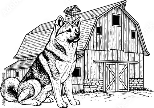 Rustic Charm: An Akita Dog by a Barn, Vintage Etching Style Illu
