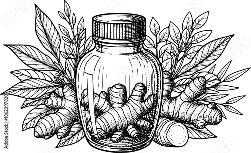 Ornate engraved illustration of ginger root jar surrounded by fo

