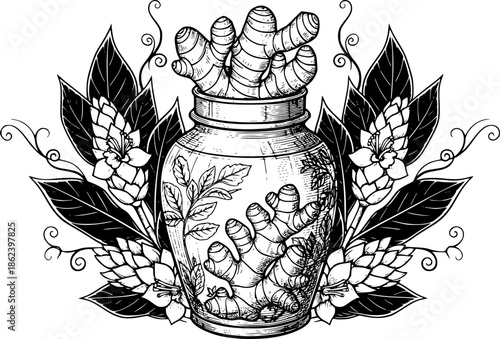 Ornate engraved illustration of ginger root jar surrounded by fo
