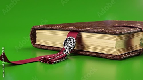 Luxurious Leather-Bound Book with Red Tassel Bookmark on Green Background.