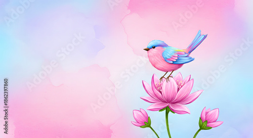 Charming Watercolor Illustration of a Pink and Blue Bird Perched on a Lotus Flower with Soft Pastel Background