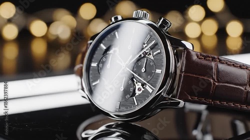 Luxury Automatic Chronograph Watch with Brown Leather Strap and Skeleton Dial Displaying Intricate Mechanical Movement.