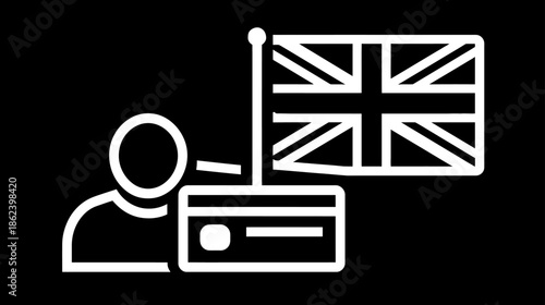 Icon of person, credit card, and United Kingdom flag representing online financial transactions and banking services in Britain.