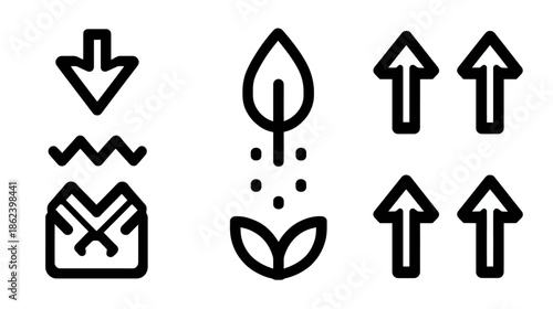 Outline icons: data compression, plant growth, and upward arrows. Digital symbols for download, upload, nurture, development, and progress.