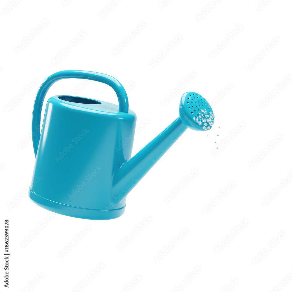 Obraz premium Vibrant cyan plastic watering can pouring stylized crystalline water droplets against a transparent background in a studio setting. Concept of purity and hydration