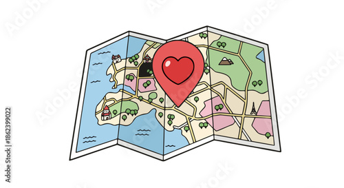 A map with a heart-shaped location marker indicating a loved destination on a folded travel guide
