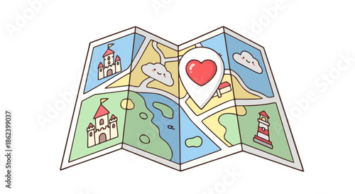 A map with various landmarks and a heart icon marking a special location