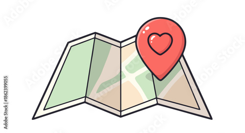 A heart marked location on a folded map indicating a special place