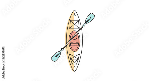 A serene kayak glides across a peaceful lake with a paddle in hand, viewed from directly above