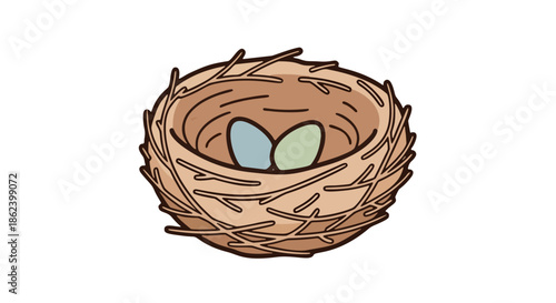 A bird's nest with two eggs is delicately illustrated against a plain white background