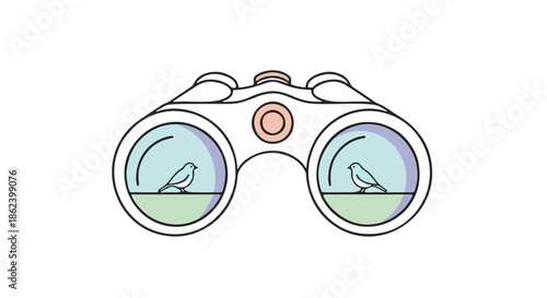 Simple illustration of binoculars with birds in the lenses against a white background