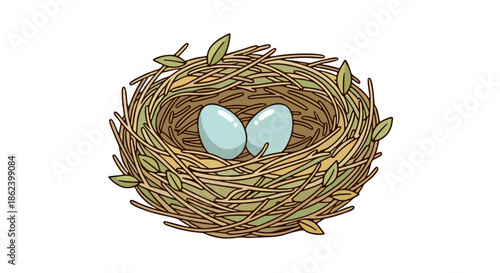 A bird's nest with two eggs is delicately illustrated in a serene environment from a top viewpoint.