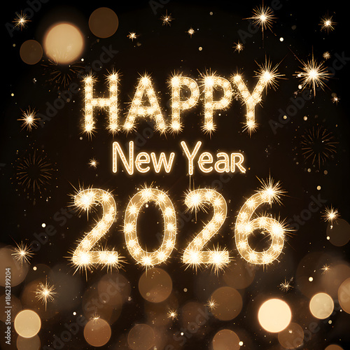 Happy New Year 2026 Celebration with Fireworks and Gold Bokeh Lights for Festive Joy