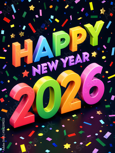 Happy New Year 2026 Celebration with Colorful Confetti and Festive Decorations