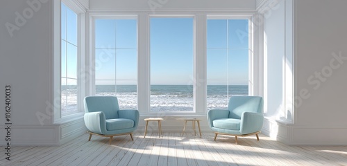 Bright room with ocean view, blue chairs. Sunlight streams through large windows. Cozy, calming