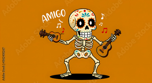Joyful and colorfully decorated skeleton character playing musical instruments with enthusiasm, surrounded by cheerful music notes, perfect for celebrating cultural festivities and friendship