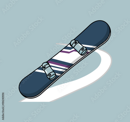 Snowboard with bindings on a blue background with a white swoosh.