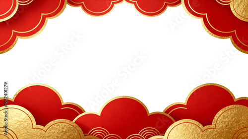 Lunar New Year dragon scale pattern with clouds, red and gold Chinese festive background, oriental vector wallpaper for greeting card and holiday banner