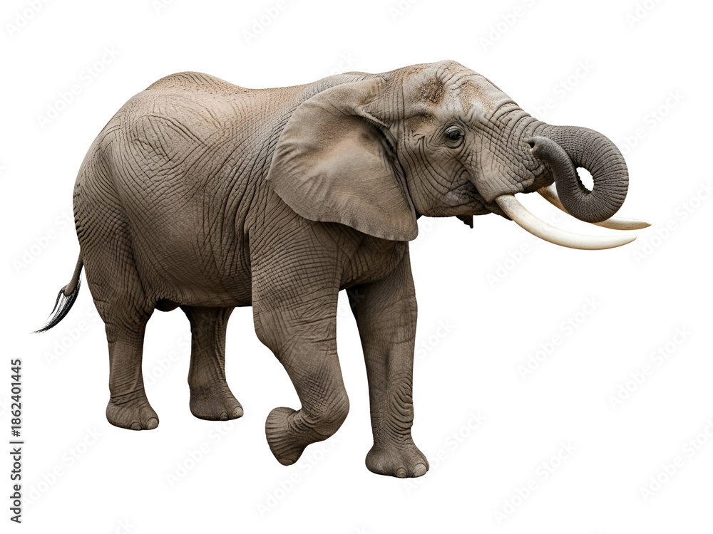 Fototapeta premium Majestic African Elephant with Tusks Isolated on White Background