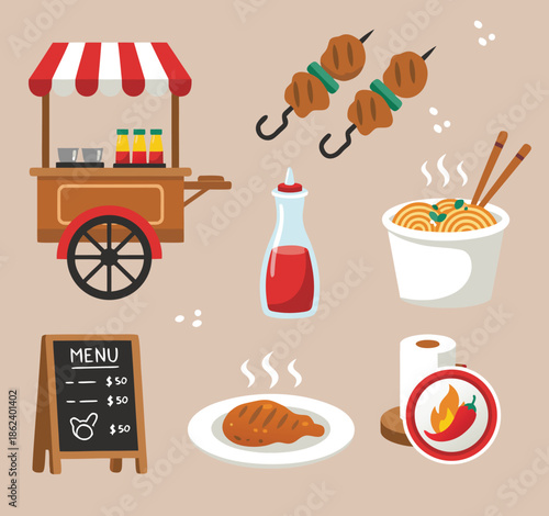 Street Food Cart with Delicious Meal and Noodles.