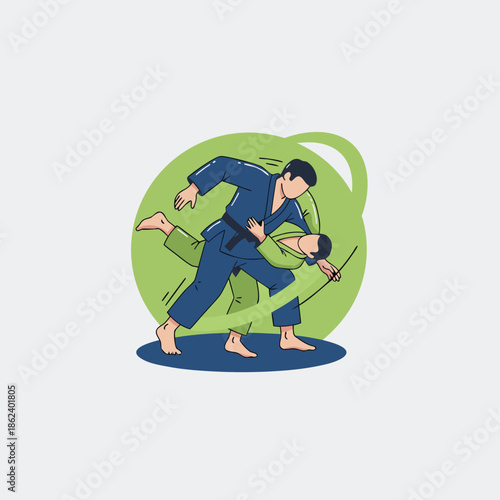 Two men practicing judo martial arts.