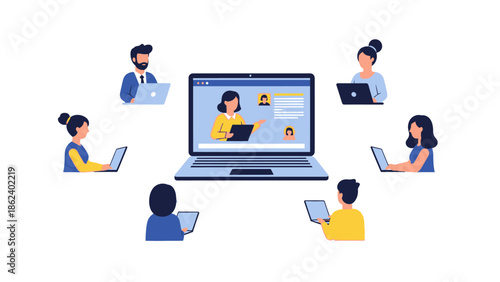 Modern online collaboration and remote learning facilitated by digital platforms, as a diverse group of individuals connects for a virtual meeting or educational webinar