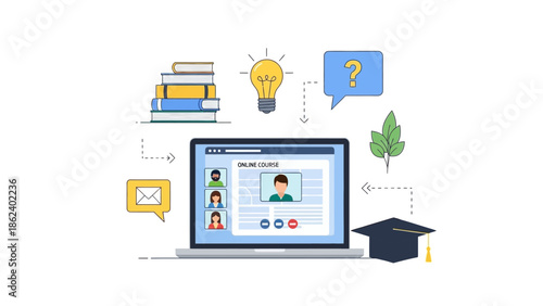 Online learning and education concept, with a laptop displaying a video conference, books, and a graduation cap