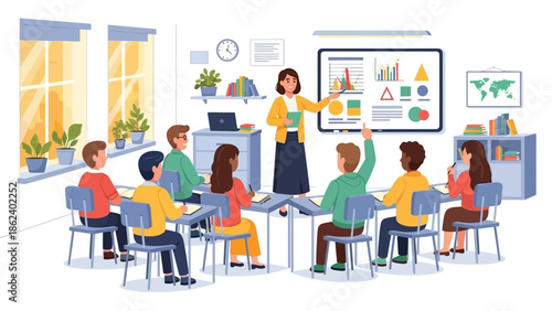 Engaged students participate in a vibrant classroom lesson with a teacher presenting information on a digital whiteboard