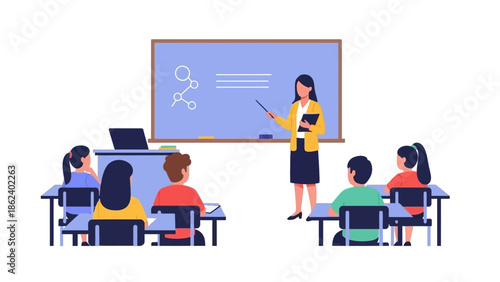 Illustration of a teacher instructing students in a classroom setting with a whiteboard displaying a molecular structure
