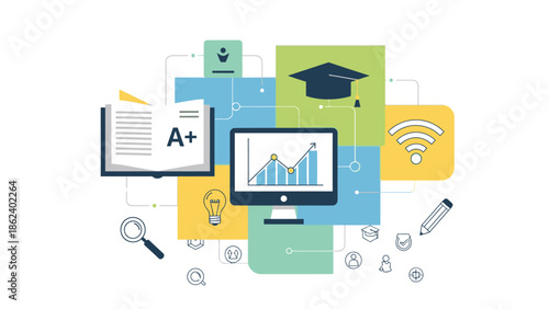 Modern illustration depicting online education and digital learning with icons of graduation cap, computer, graphs, and books