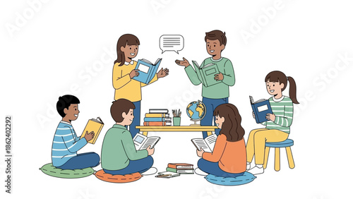 Diverse group of young students engaged in a collaborative reading and learning session, sharing stories and knowledge in an inclusive educational environment