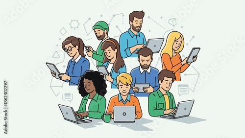 Diverse group of individuals engaging with modern digital technology, symbolizing online communication, seamless connectivity, and collaborative interaction within a dynamic network