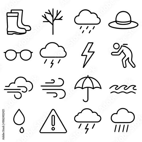Weather Icon Set: An array of concise graphic elements, each portraying a weather condition, ideal for a variety of designs and interfaces.