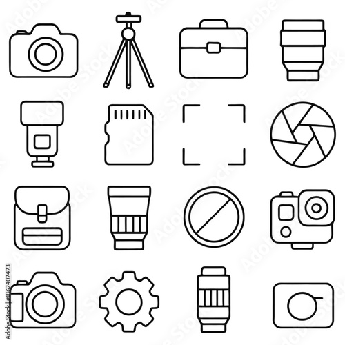  Photography Icons: A collection of various photography-related symbols, tools, and elements are displayed, showcasing the essence of visual capture and art.