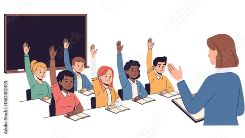 Diverse students raise hands in an interactive classroom, engaging their teacher in a dynamic learning session, fostering educational growth and participation