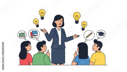 Teacher explaining concepts to students with lightbulb ideas and educational symbols