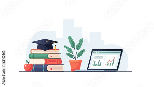 Digital education and business analysis concept. Laptop with data charts, academic books, and a graduation cap symbolize knowledge, growth, and modern learning
