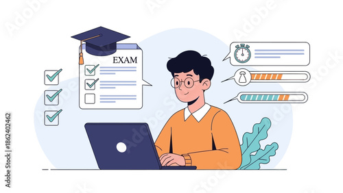 Student successfully completing an online exam on a laptop, surrounded by graduation cap and progress indicators, symbolizing modern e-learning assessment and academic achievement