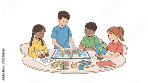 Children's geography lesson with a map and globe on a table