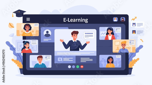 Interactive virtual classroom experience with an instructor leading an e-learning session for diverse remote students on a modern digital platform