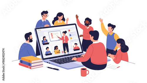 Modern diverse group participating in an online virtual meeting and e-learning session, collaborating remotely through technology and digital communication