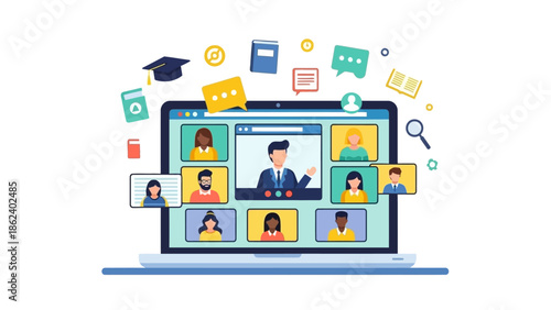 Engaging in Virtual Online Learning and Remote Business Meetings A Digital Platform Concept Displaying Diverse Participants on a Laptop Screen
