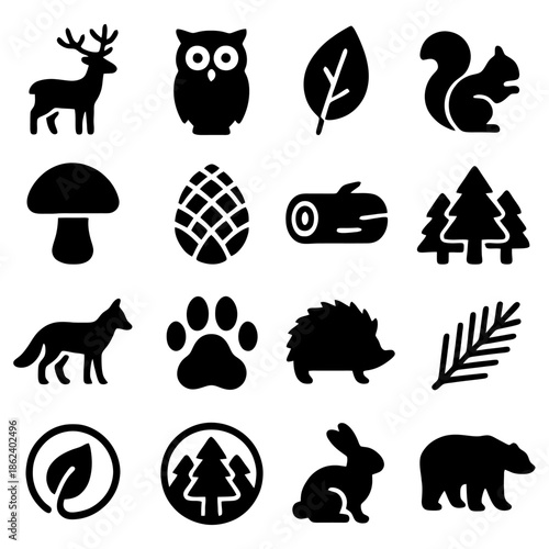 Forest Wildlife Icon Set: A comprehensive collection of meticulously crafted, minimalist icons representing diverse forest wildlife.