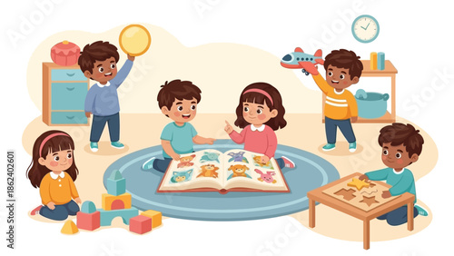 Happy diverse young children enjoying educational playtime, engaging in creative activities and collaborative learning, fostering early development and social skills