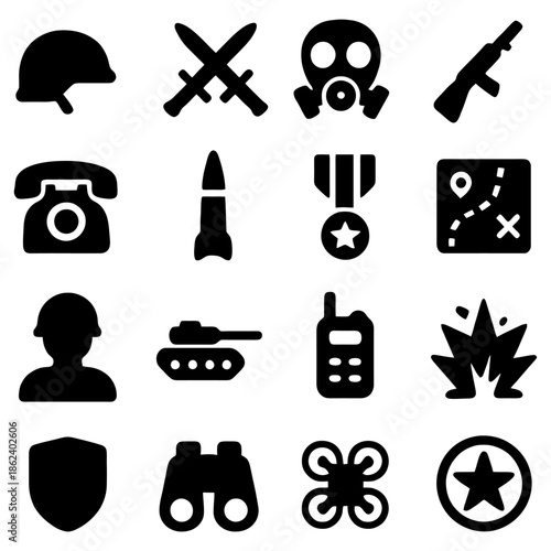 Military Icons: A collection of various military icons, including a helmet, knives, gas mask, rifle, telephone, missile, medal, map, soldier, tank, walkie talkie, explosion, shield, binoculars, drone.