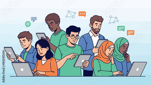 Diverse individuals engage with digital technology for collaborative learning and online communication, illustrating modern teamwork and interconnectedness in a vibrant conceptual setting