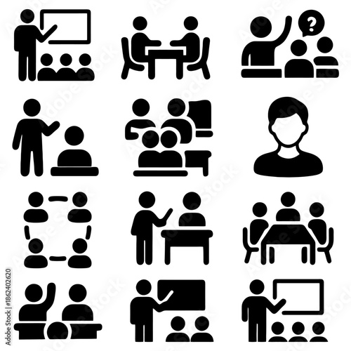 The Essence of Collaborative Learning: A collection of simple, stylized illustrations showcasing diverse learning scenarios. They capture the essence of presentations, group discussions, Q&A sessions.