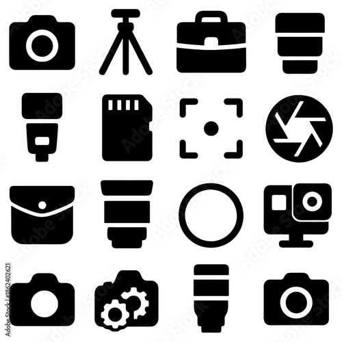 Photography Equipment Icons: A graphic representation showcasing the tools of a photography, including various camera and equipment