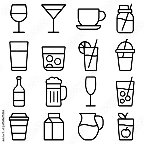 Variety of beverages: A curated collection of beverages represented by elegant line icons, catering to a diverse array of tastes and preferences.